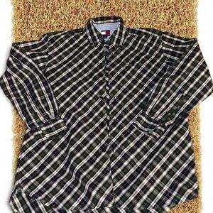 Tommy Hilfiger Black and Green Plaid Shirt